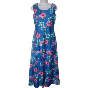 Vintage Royal Hawaiian Floral Maxi Dress Sleeveless‎ Blue  M barkcloth  Cruise